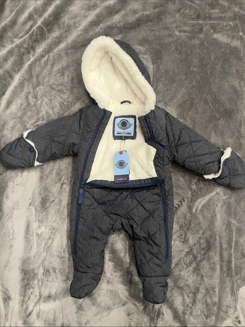 Urban Republic Quilted Hooded Baby One-Piece in Charcoal and Cream Sherpa